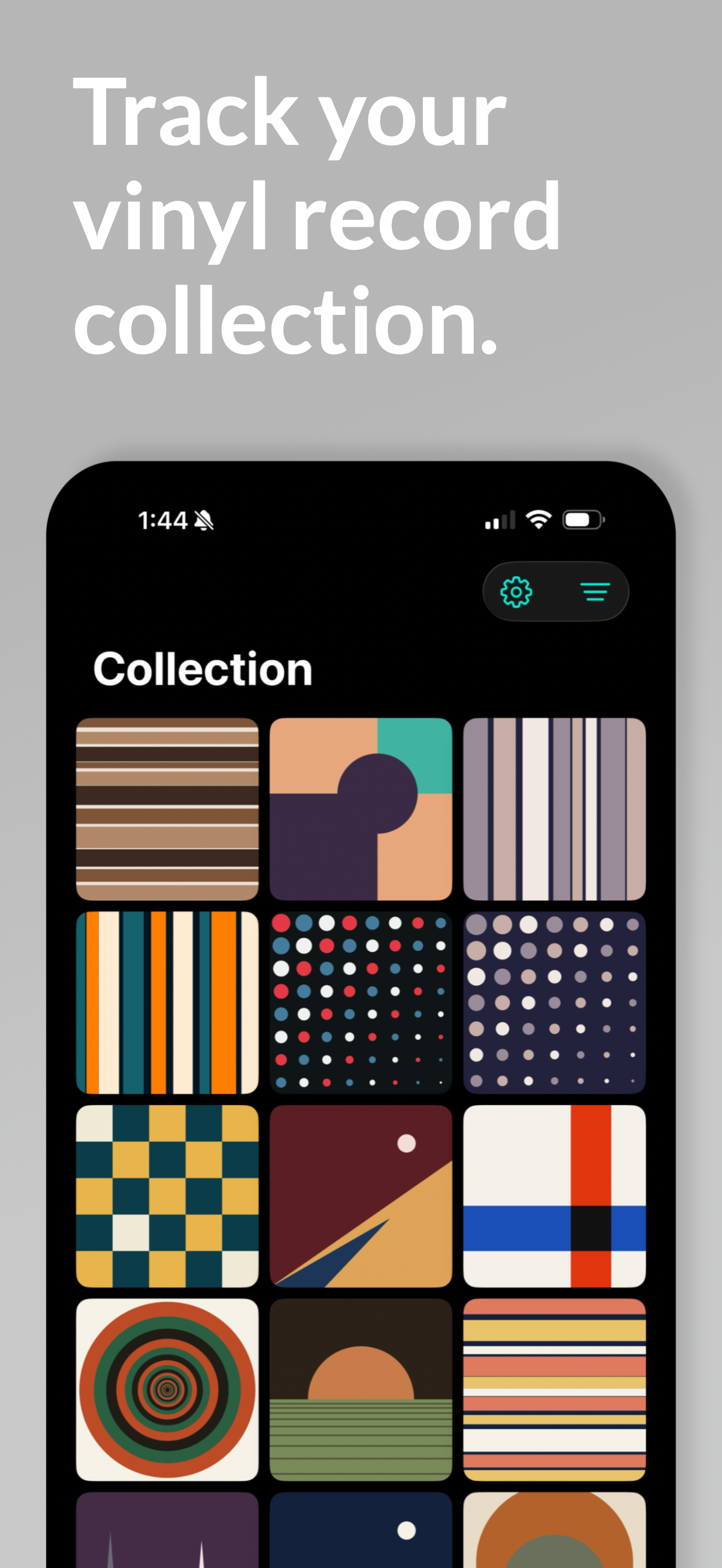 Vinyl Buddy collection grid of full-size album covers on iPhone