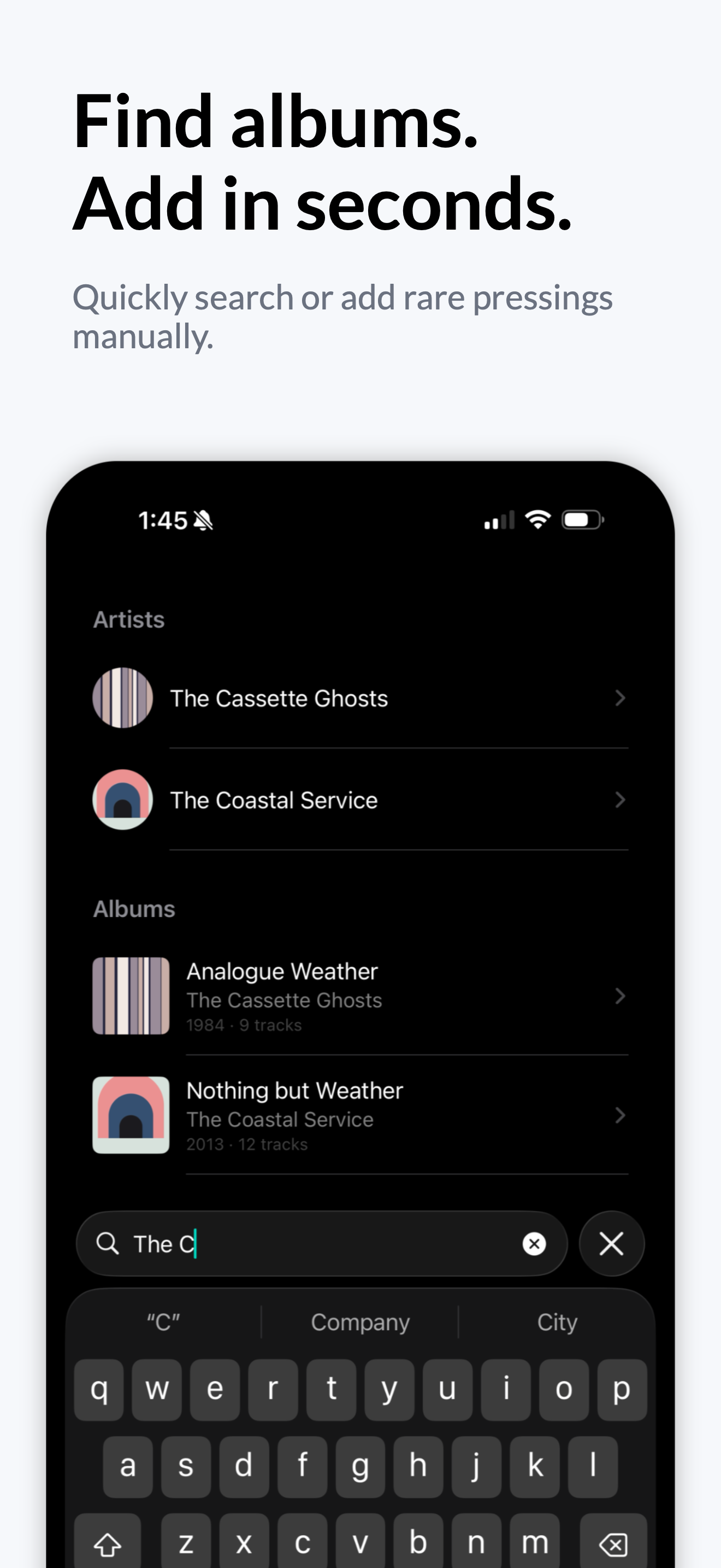 Vinyl Buddy album and artist search results on iPhone