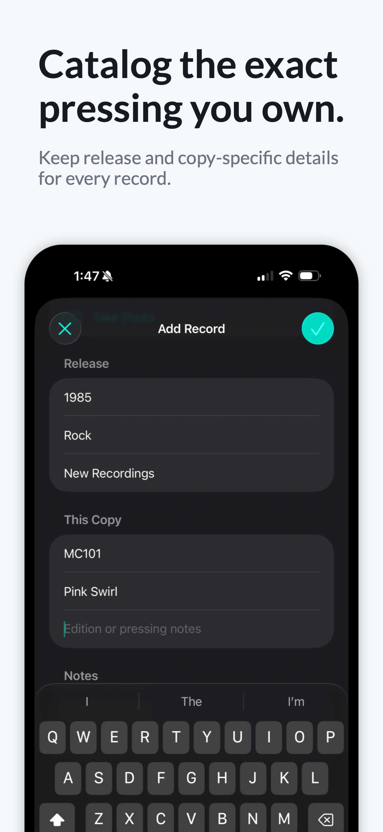 Vinyl Buddy add record screen with release and copy-specific pressing fields
