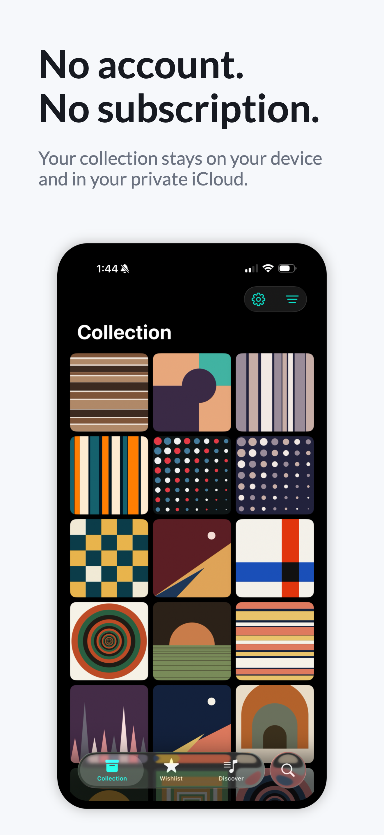 Vinyl Buddy collection, wishlist, and discover tabs on iPhone